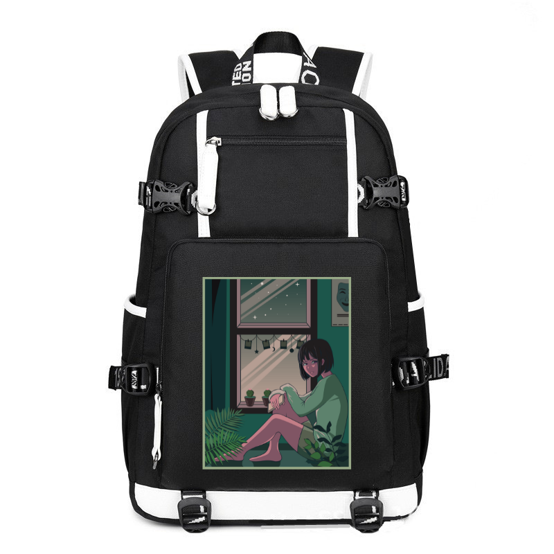 Anime Japanese The Cute Girl in Green printing Canvas Backpack