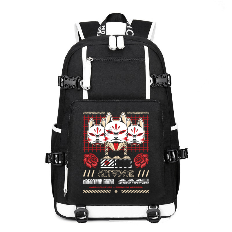 Japan Streetwear Kitsune Japanese Mask printing Canvas Backpack