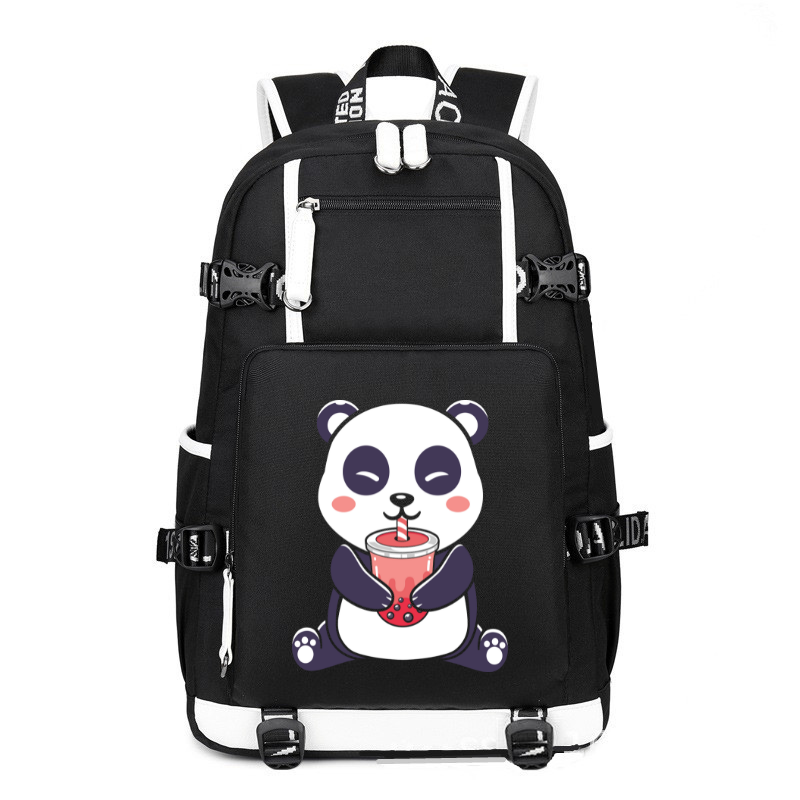 Kawaii Anime Panda Drinking Boba Tea printing Canvas Backpack