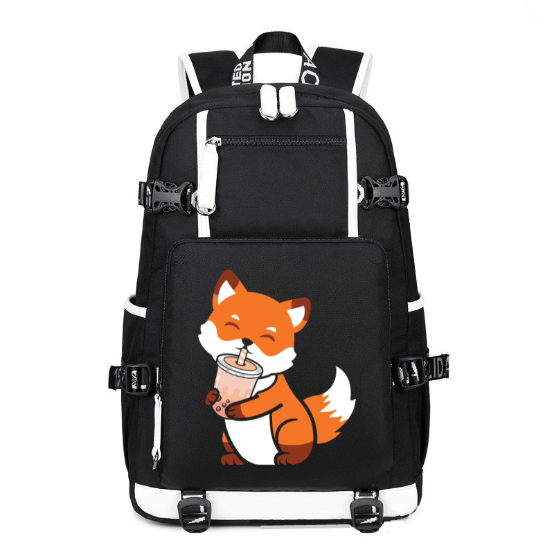 Kawaii Anime Fox Drinking Boba Tea printing Canvas Backpack