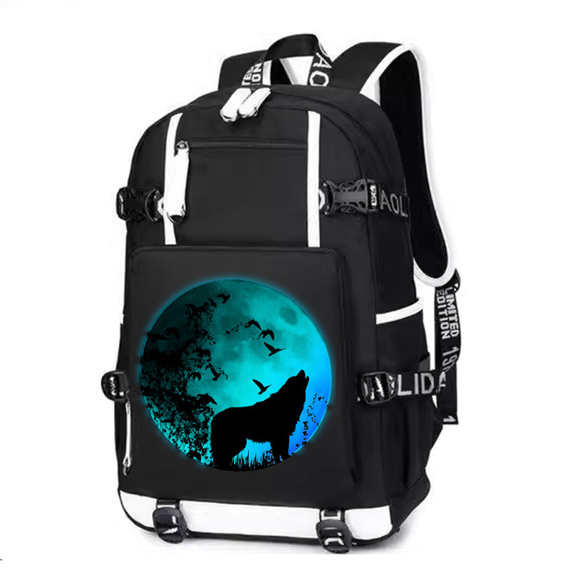 Night Moon Wolf Printing Canvas Backpack