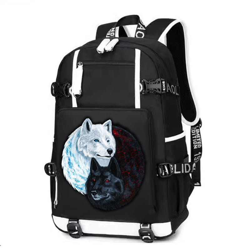 Black White Wolf Printing Canvas Backpack