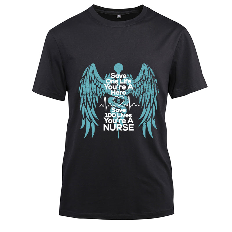 Save one life you're a hero save 100 lives you're a nurse Cotton Black Short Sleeve T-Shirt