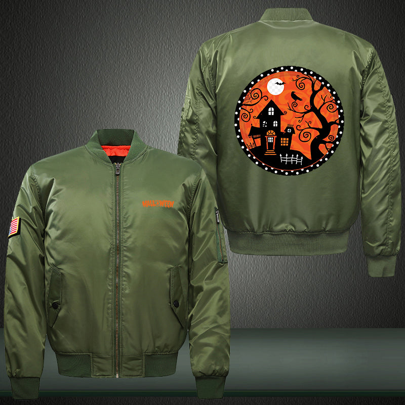 Halloween scary house Print Thicken Long Sleeve Bomber Jacket