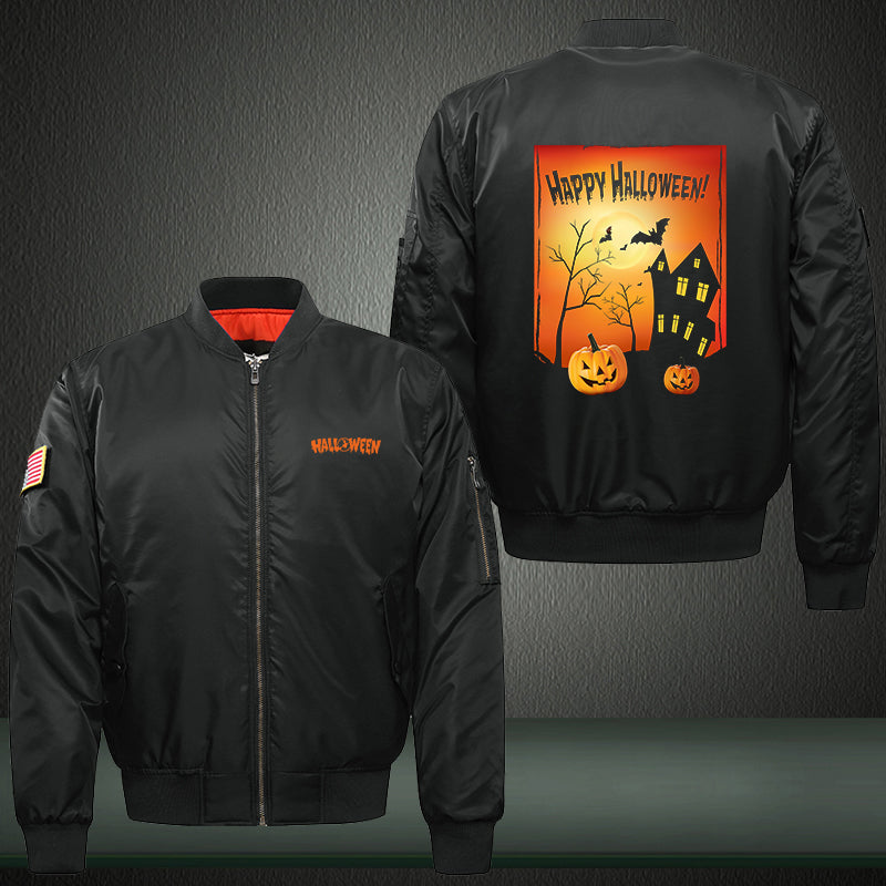Halloween Pumpkin House Print Thicken Long Sleeve Bomber Jacket