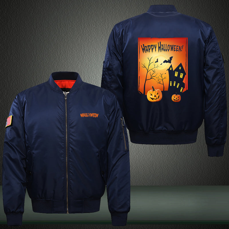 Halloween Pumpkin House Print Thicken Long Sleeve Bomber Jacket