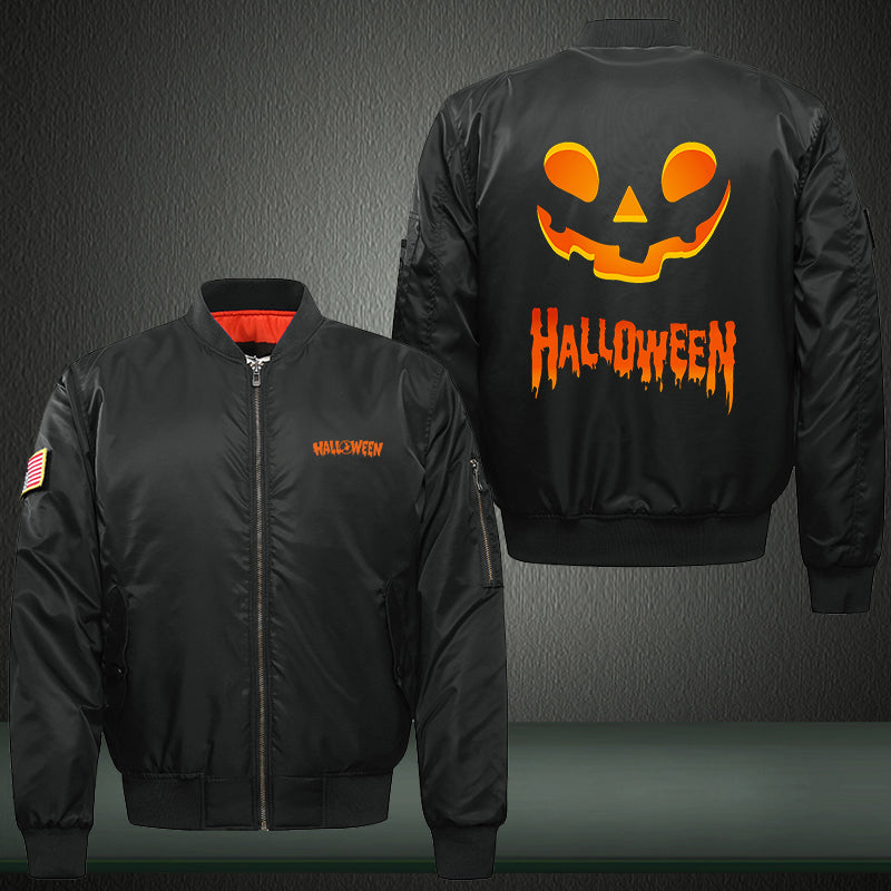 Halloween Scary Smile Pumpkin Print Thicken Long Sleeve Bomber Jacket