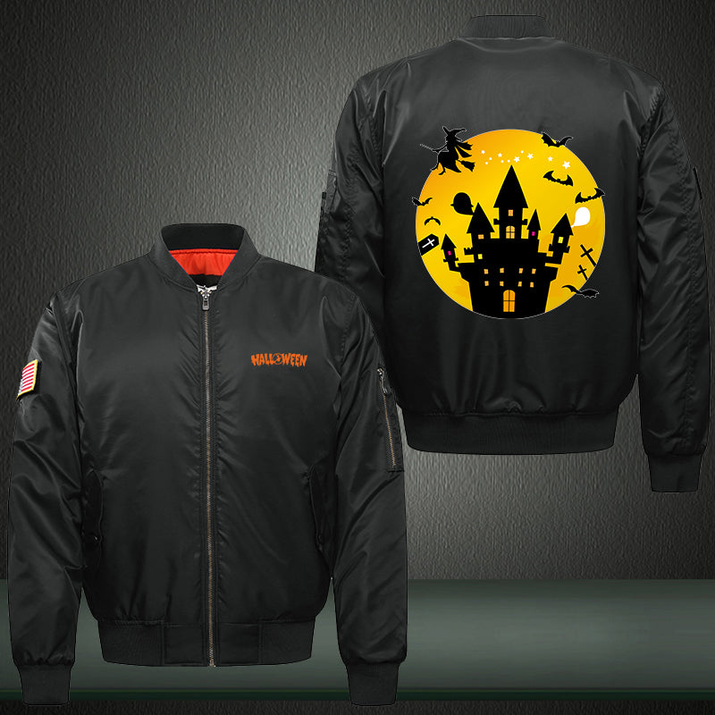 Halloween Scary Castle Print Thicken Long Sleeve Bomber Jacket