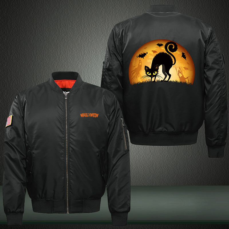Halloween Black Cat Print Thicken Long Sleeve Bomber Jacket