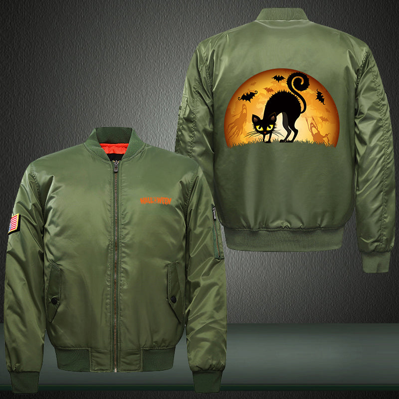 Halloween Black Cat Print Thicken Long Sleeve Bomber Jacket