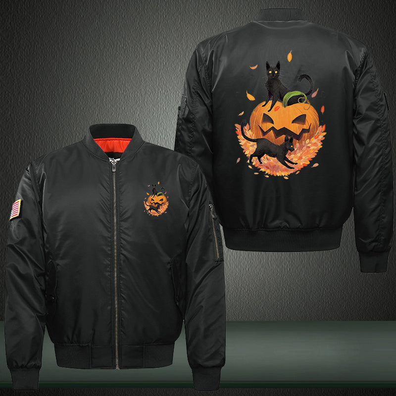 Halloween Black Cat and Pumpkin Print Thicken Long Sleeve Bomber Jacket