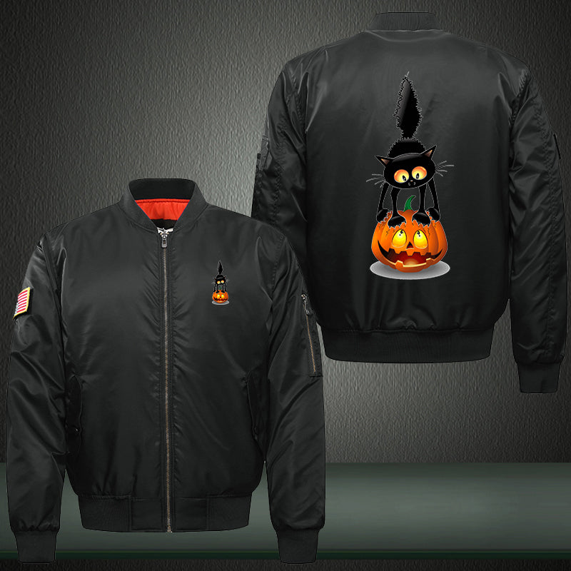 Halloween Black Cat and Scary Pumpkin Print Thicken Long Sleeve Bomber Jacket