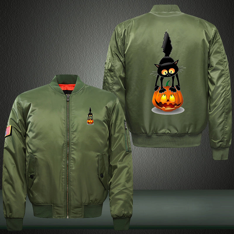 Halloween Black Cat and Scary Pumpkin Print Thicken Long Sleeve Bomber Jacket