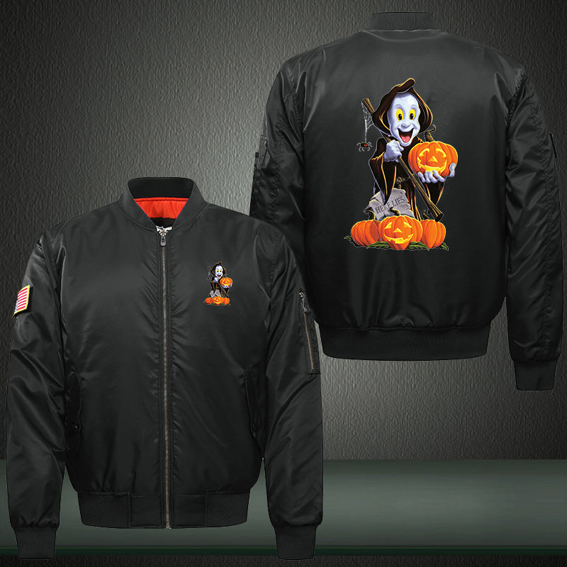 Halloween Ghost and Pumpkin Print Thicken Long Sleeve Bomber Jacket
