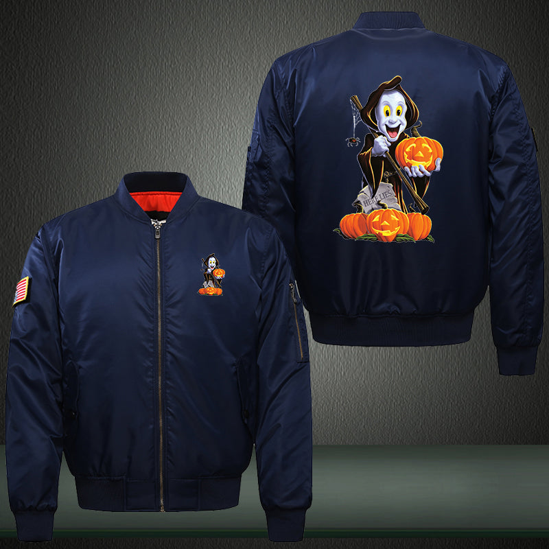 Halloween Ghost and Pumpkin Print Thicken Long Sleeve Bomber Jacket