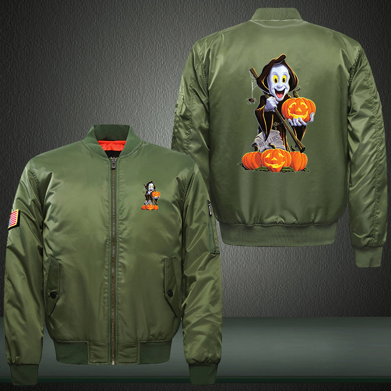 Halloween Ghost and Pumpkin Print Thicken Long Sleeve Bomber Jacket