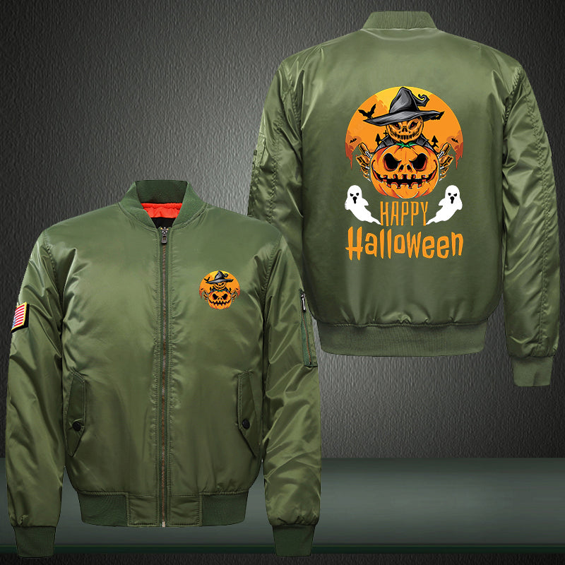 Pumpkin Ghost Happy Halloween Print Thicken Long Sleeve Bomber Jacket