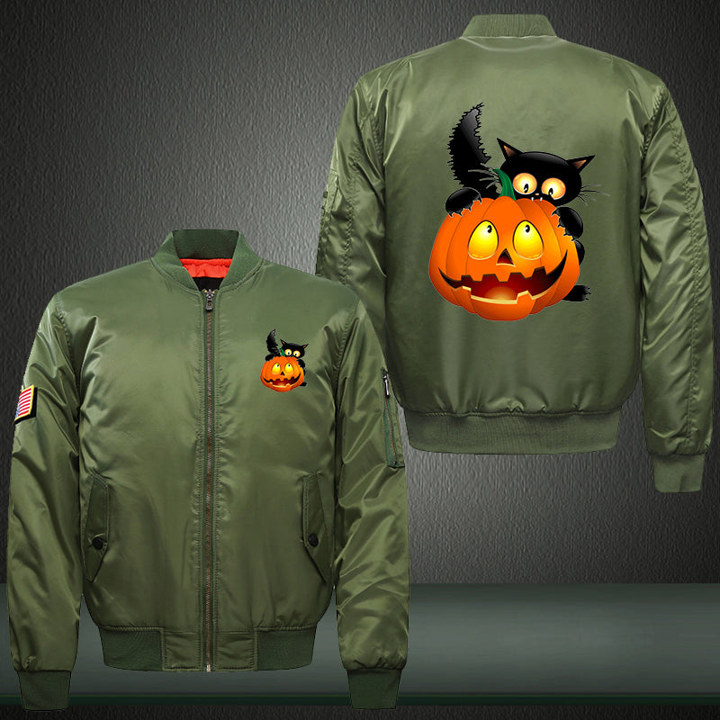 Halloween Scary Pumpkin Print Thicken Long Sleeve Bomber Jacket