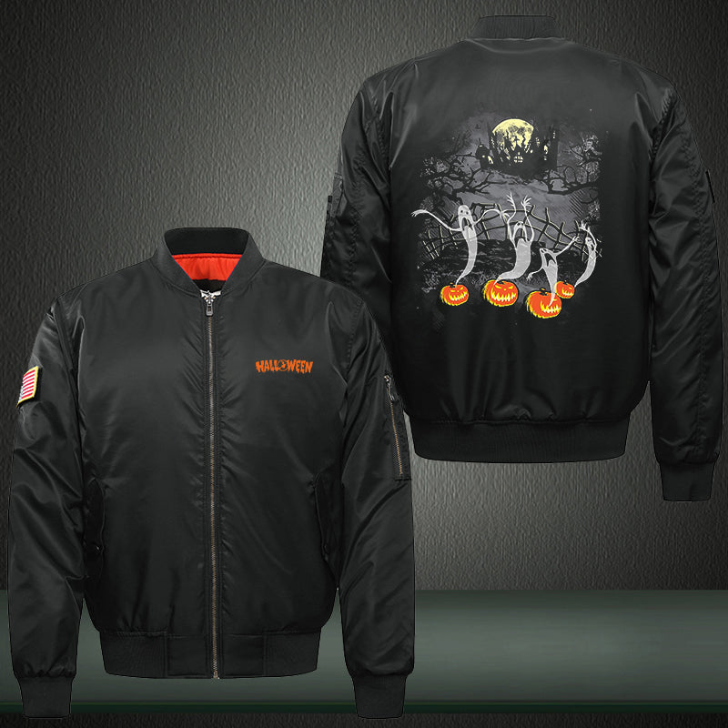 Ghost Horror Halloween Print Thicken Long Sleeve Bomber Jacket