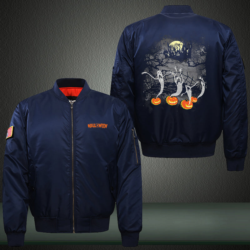 Ghost Horror Halloween Print Thicken Long Sleeve Bomber Jacket