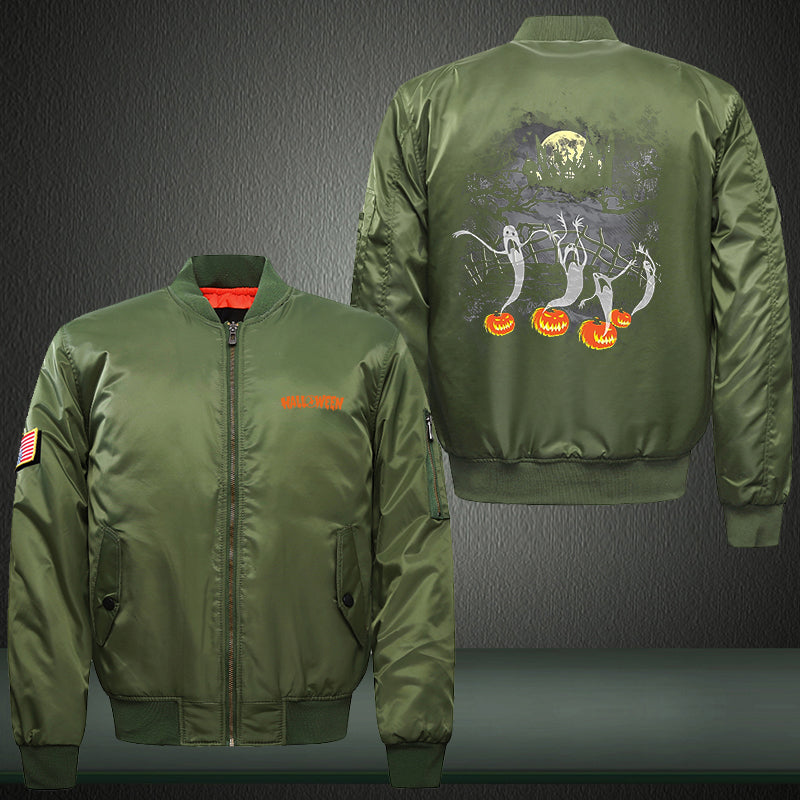 Ghost Horror Halloween Print Thicken Long Sleeve Bomber Jacket