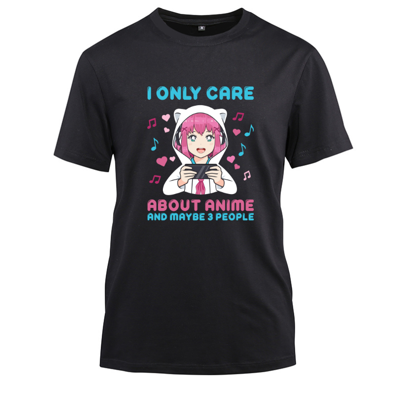 Anime Girl I Only Care About Anime Cotton Black Short Sleeve T-Shirt