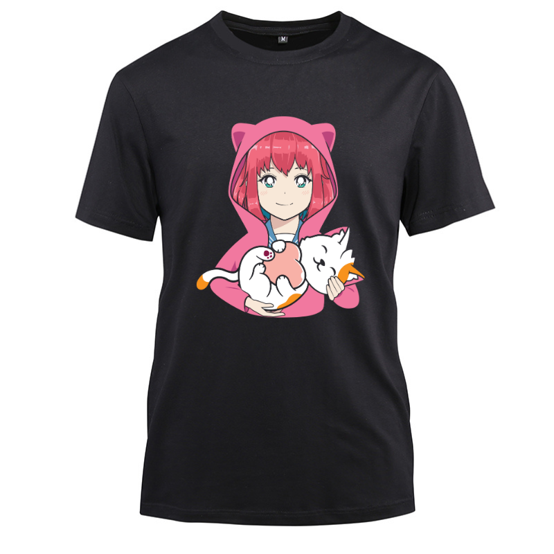 Anime and Cats Lover kawaii Otaku Cotton Black Short Sleeve T-Shirt