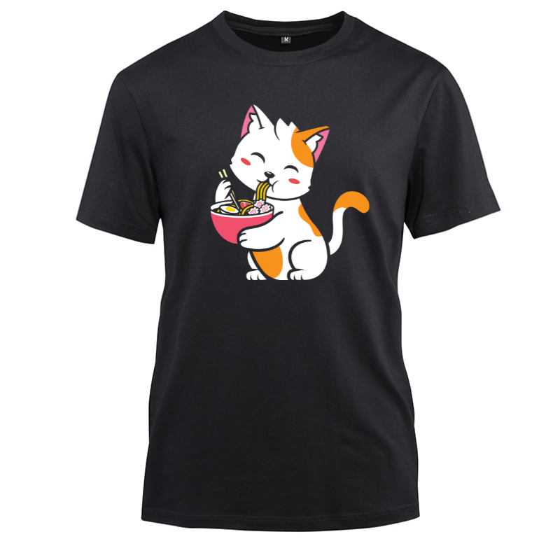 Kawaii Cat Neko Ramen Anime Cotton Black Short Sleeve T-Shirt