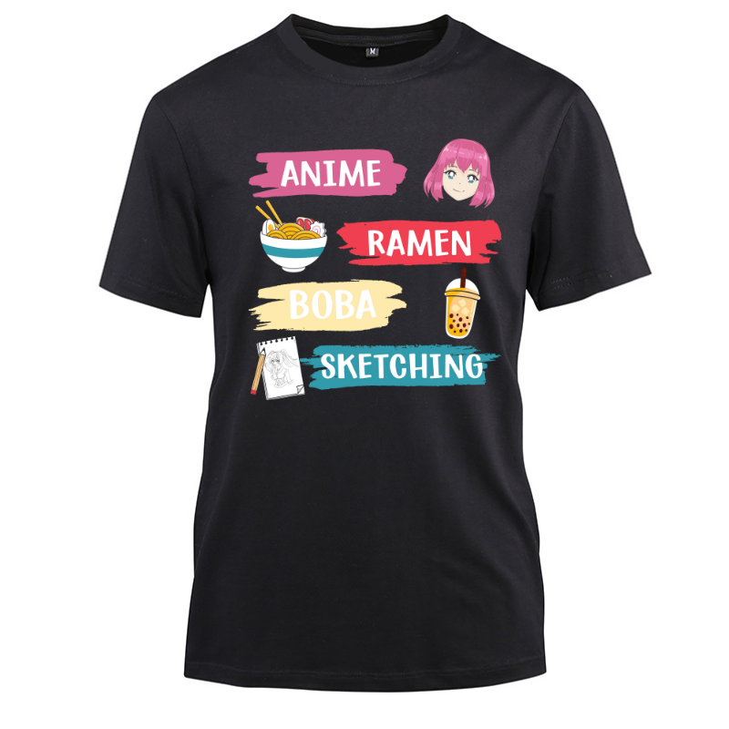 Anime Ramen Boba Sketching Kawaii Cotton Black Short Sleeve T-Shirt