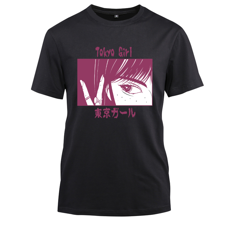 Anime Japanese Streetwear Tokyo Girl Cotton Black Short Sleeve T-Shirt