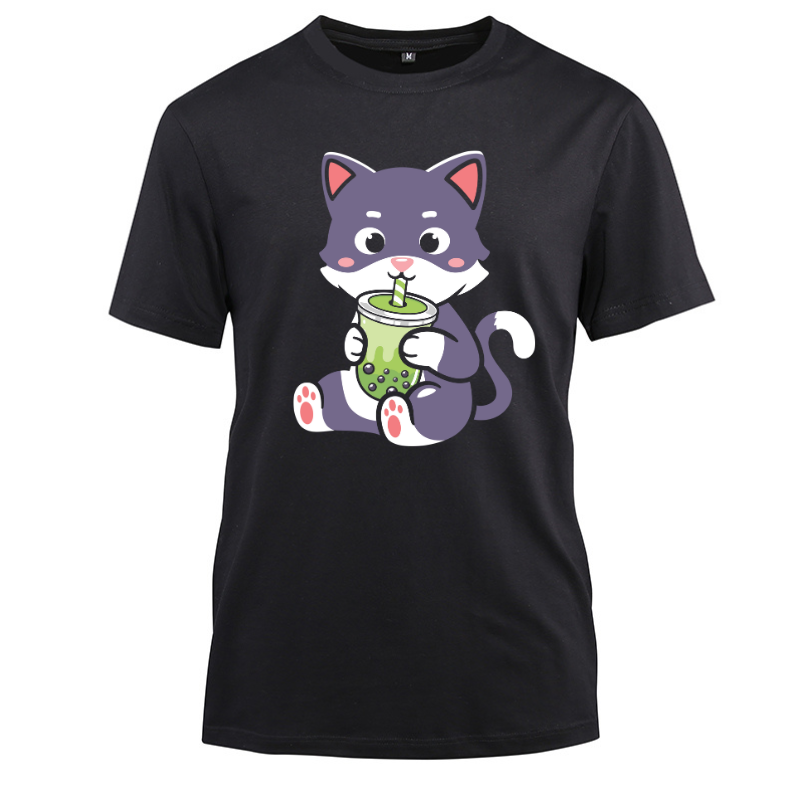 Cat Boba Bubble Tea Anime Kawaii Neko Cotton Black Short Sleeve T-Shirt