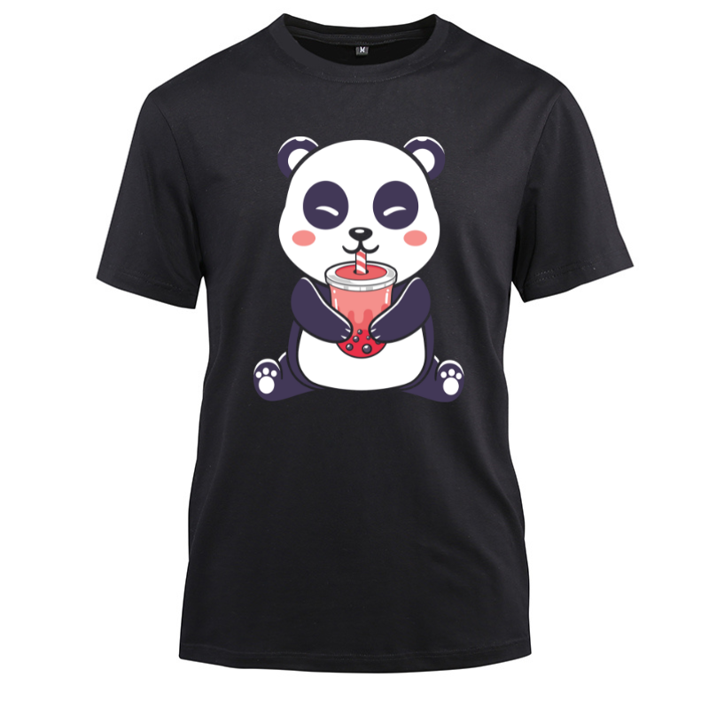 Kawaii Anime Panda Drinking Boba Tea Cotton Black Short Sleeve T-Shirt