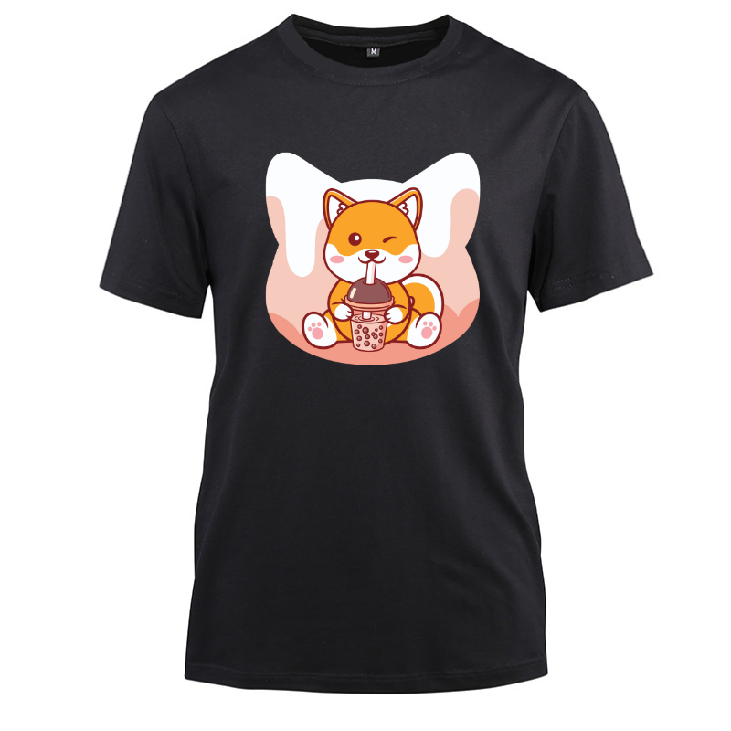 Kawaii Shiba Inu Dog Boba Anime Japan Cotton Black Short Sleeve T-Shirt