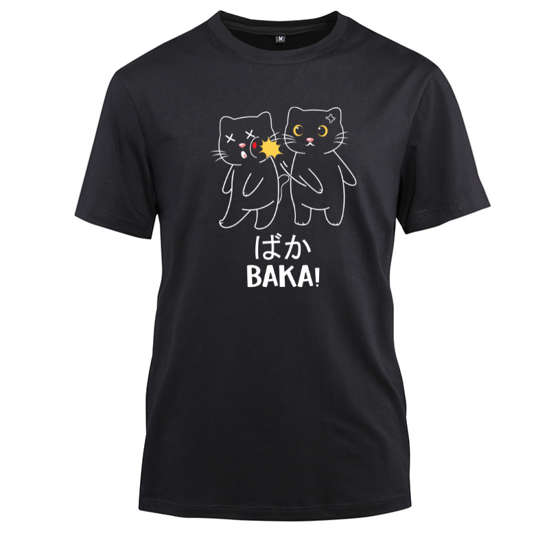 Funny Cute Anime Baka Neko Slap Anime Cotton Black Short Sleeve T-Shirt