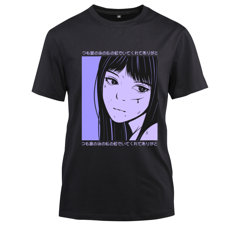Anime Japanese Streetwear Sad Girl Cotton Black Short Sleeve T-Shirt