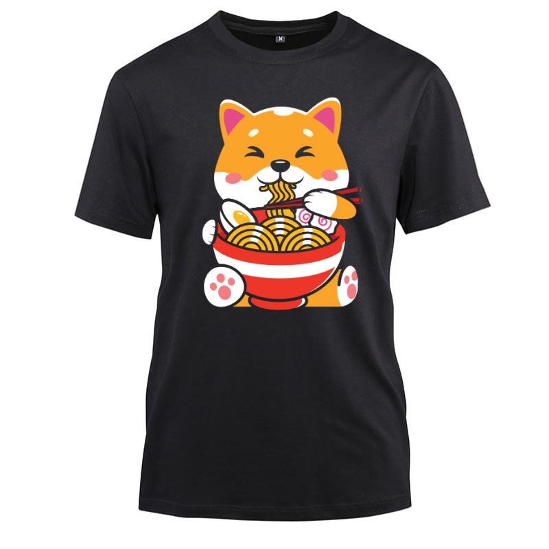 Kawaii Cute Anime Shiba Otaku Ramen Cotton Black Short Sleeve T-Shirt