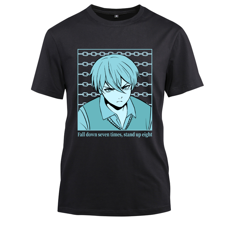 Anime Japanese Streetwear Fall down seven times Cotton Black Short Sleeve T-Shirt