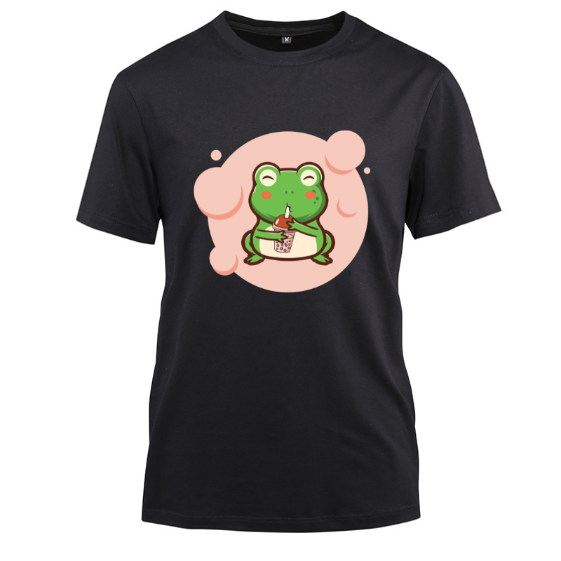 Frog Boba Tea Bubble Kawaii Anime Cotton Black Short Sleeve T-Shirt