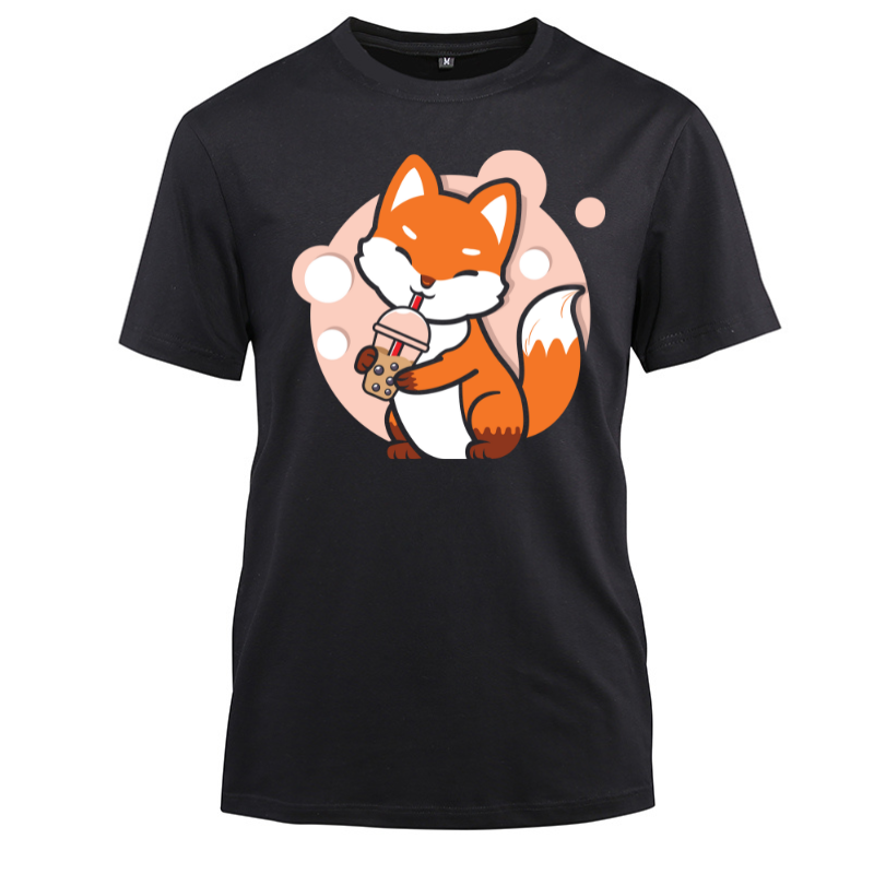 Fox Boba Tea Bubble Tea Anime Kawaii Fox Cotton Black Short Sleeve T-Shirt