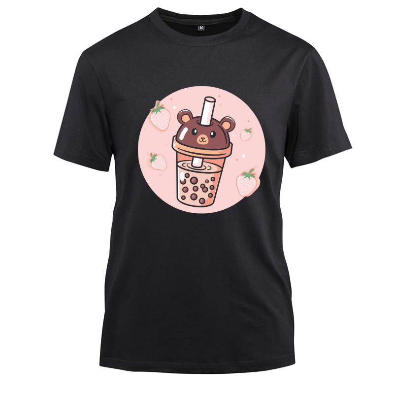 Bubble Milk Tea Boba Cute Bear Kawaii Cotton Black Short Sleeve T-Shirt