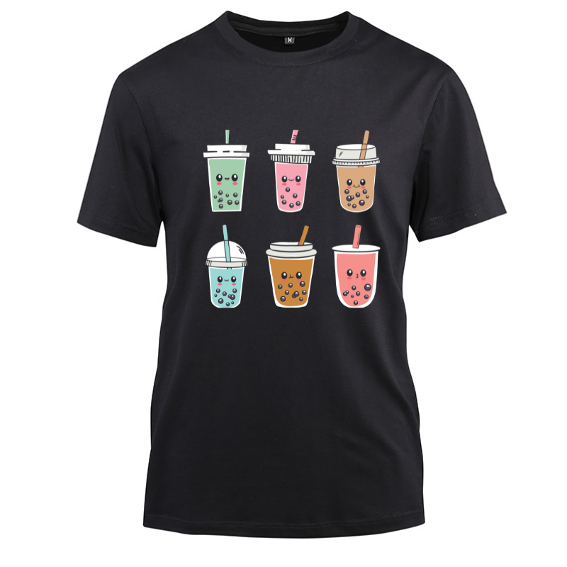Cute Kawaii Boba Anime Boba Tea Pastel Cotton Black Short Sleeve T-Shirt