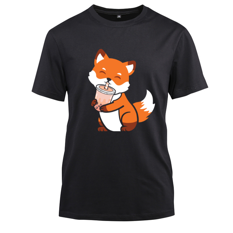 Kawaii Anime Fox Drinking Boba Tea Cotton Black Short Sleeve T-Shirt