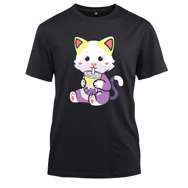 Cat Boba Tea Neko Non-binary Kitten Cotton Black Short Sleeve T-Shirt