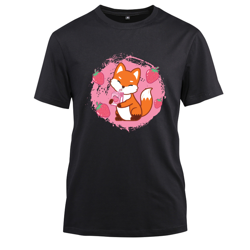 Kawaii Fox Strawberry Milk Anime Cotton Black Short Sleeve T-Shirt