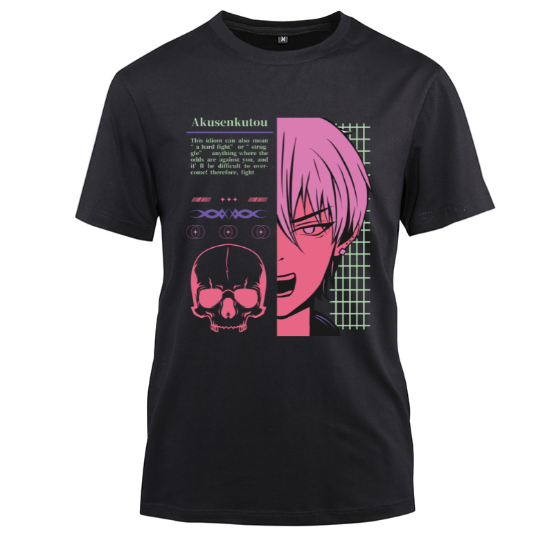 Anime Japanese Streetwear Akusenkutou Cotton Black Short Sleeve T-Shirt