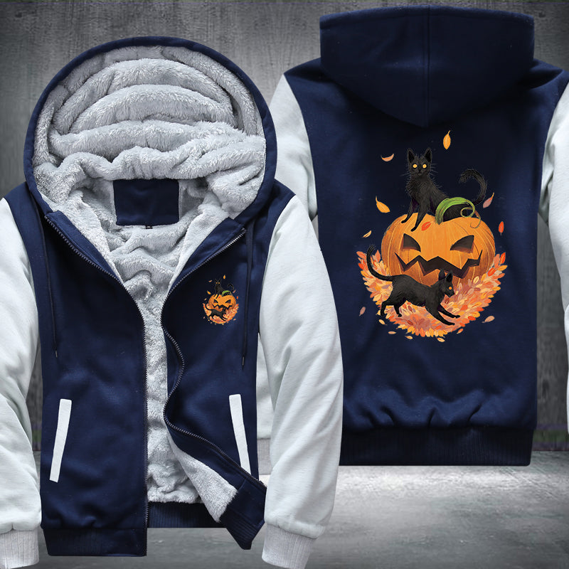 Halloween Black Cat and Pumpkin Fleece Hoodies Jacket