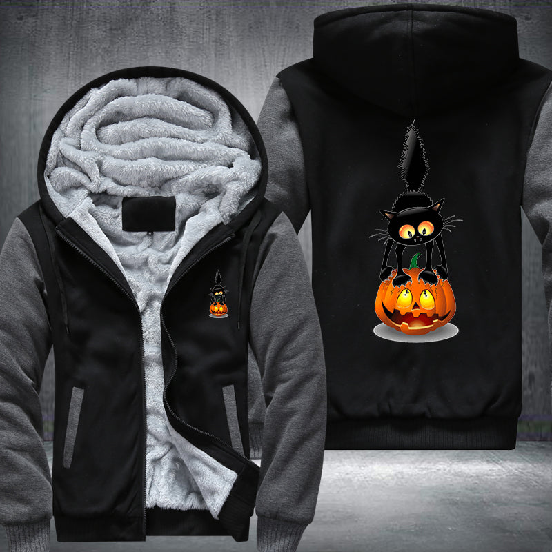 Halloween Black Cat and Scary Pumpkin Fleece Hoodies Jacket