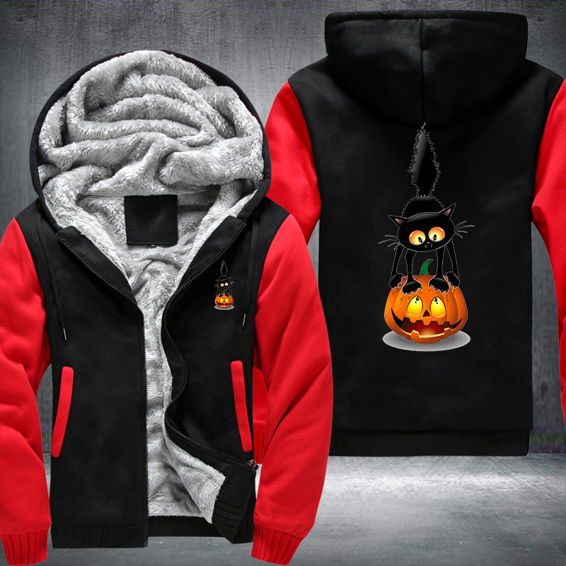 Halloween Black Cat and Scary Pumpkin Fleece Hoodies Jacket