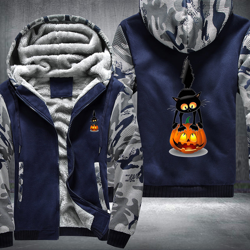 Halloween Black Cat and Scary Pumpkin Fleece Hoodies Jacket