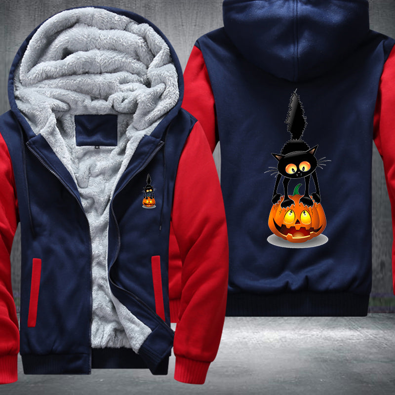 Halloween Black Cat and Scary Pumpkin Fleece Hoodies Jacket